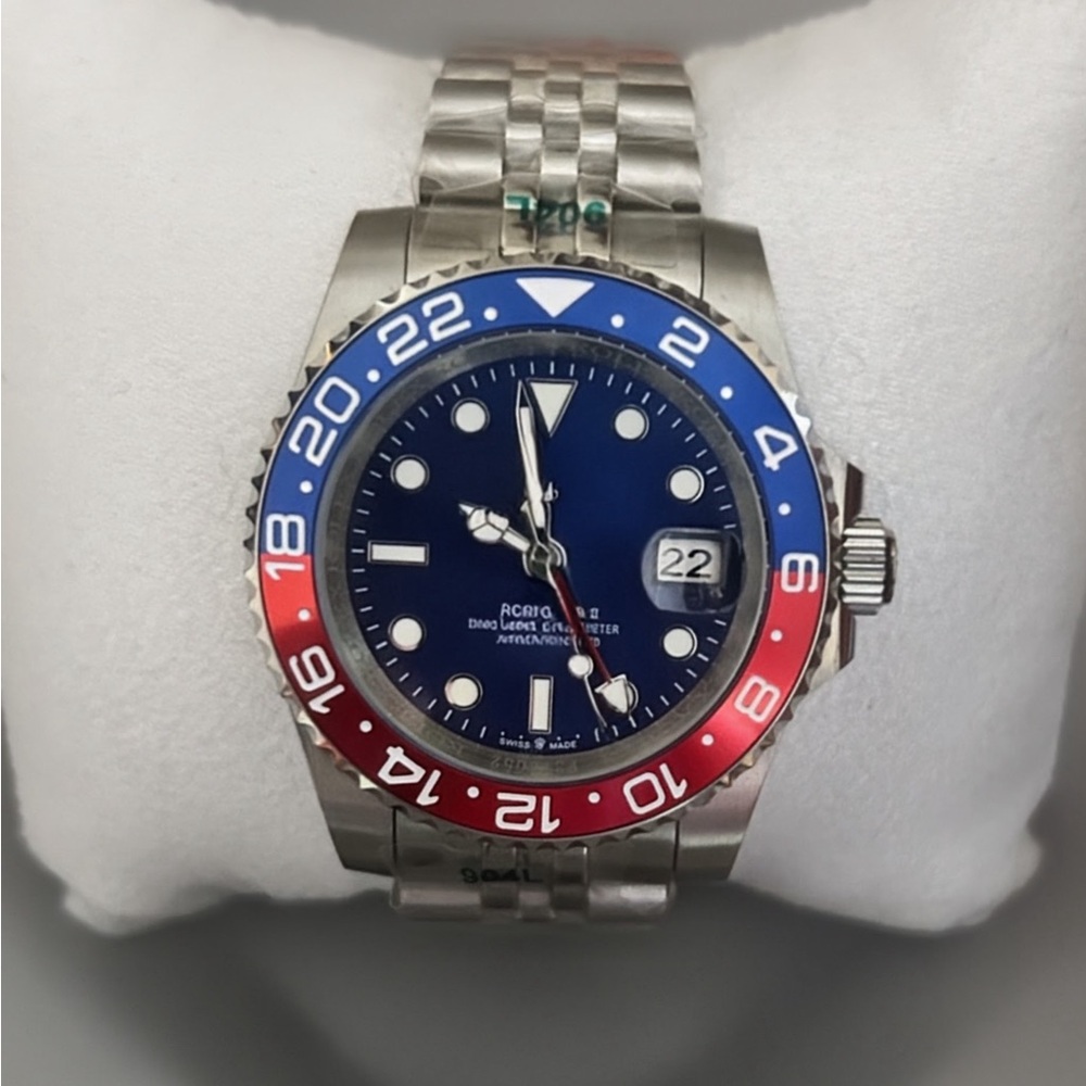 Blue and Red Dial Stainless Steel Watch